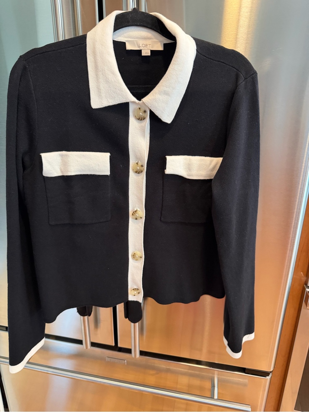 LOFT Black and White Contrast Collar Cardigan Blazer
